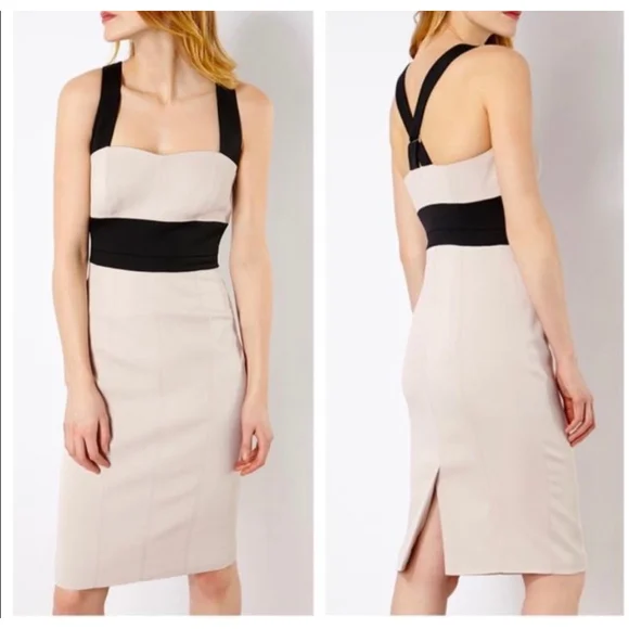 NWT‎ Karen Millen Midi Sheath Pencil Dress Cross Back Bodycon Ribbed Nude 6 - Picture 2 of 16